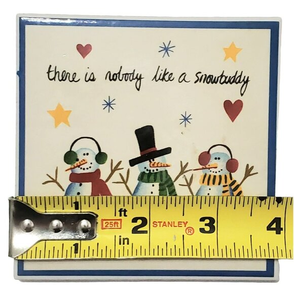 Snowman Coaster Set Nobody Like A Snowbuddy 4 Ceramic Drink Holders Wire Basket - Picture 7 of 8